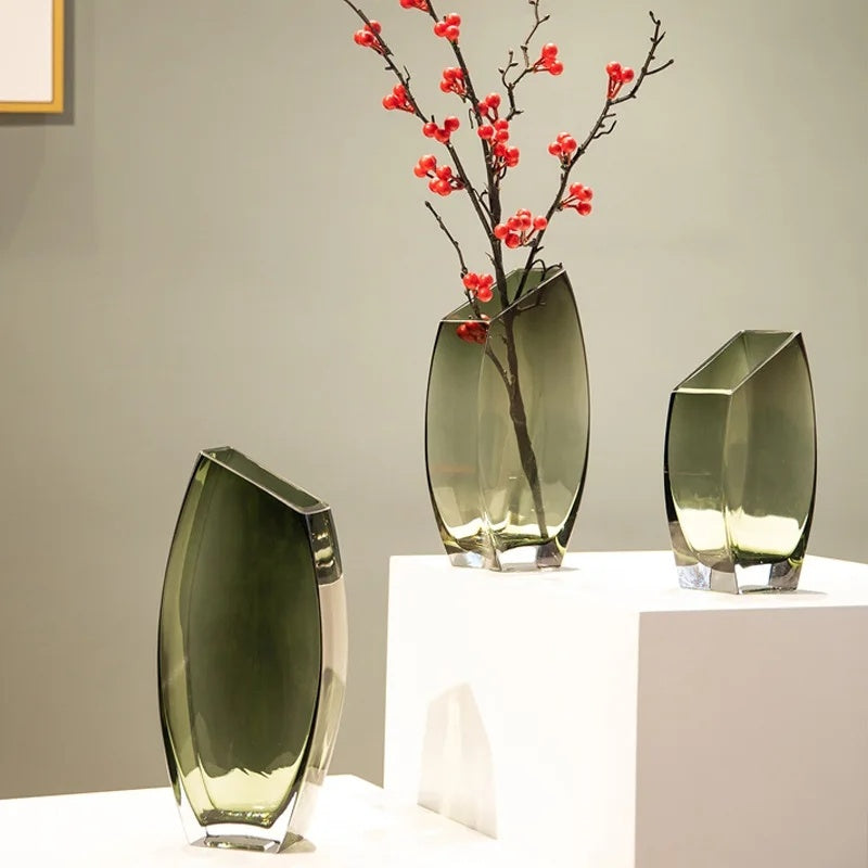 Vase en verre transparent carré oblique géométrique créatif, décoration de luxe nordique avec fleur