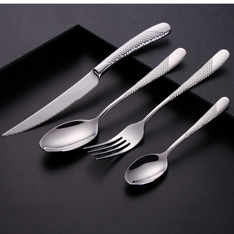 24-piece stainless steel cutlery set featuring elegant knife, fork, and spoon on a sleek black background.