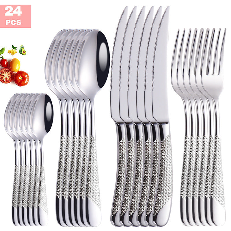 24-piece stainless steel cutlery set featuring silver polished finish and elegant design for dining.
