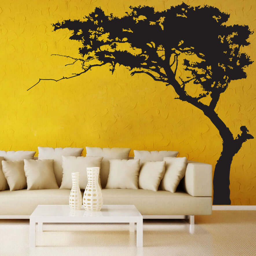 Pine Tree Large Wall Sticker on Yellow Living Room Wall with Sofa and Coffee Table