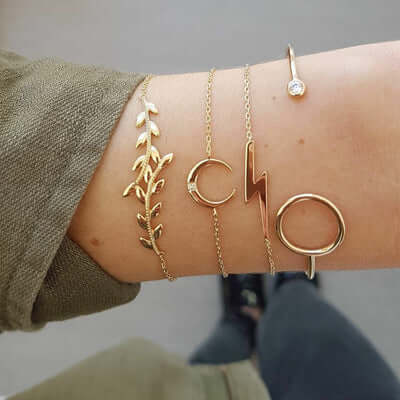 Trendy Gold Silver Crystal Leaf Moon Arrow Cat Bracelet set for Women Geometric Adjustable Bracelet Bangle Pulseiras