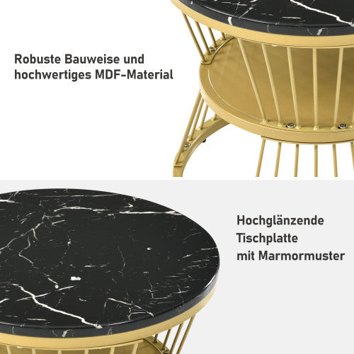 Close-up of a fiberboard coffee table with a marble finish and gold frame, showcasing durable MDF construction.