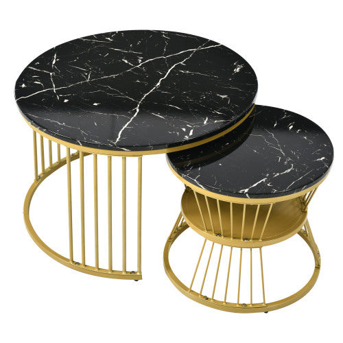 Elegant nesting coffee table set with black marble tops and gold metal frames, perfect for modern living spaces.