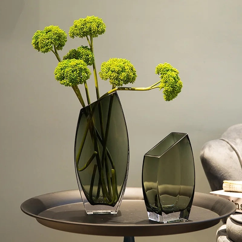 Vase en verre transparent carré oblique géométrique créatif, décoration de luxe nordique avec fleur
