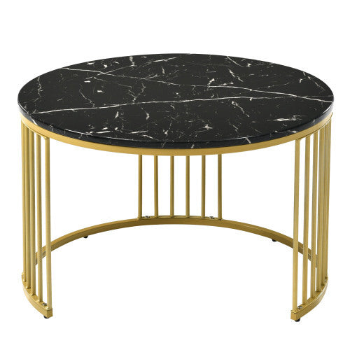 Elegant round coffee table with black marble top and gold metal frame, perfect for modern living spaces.