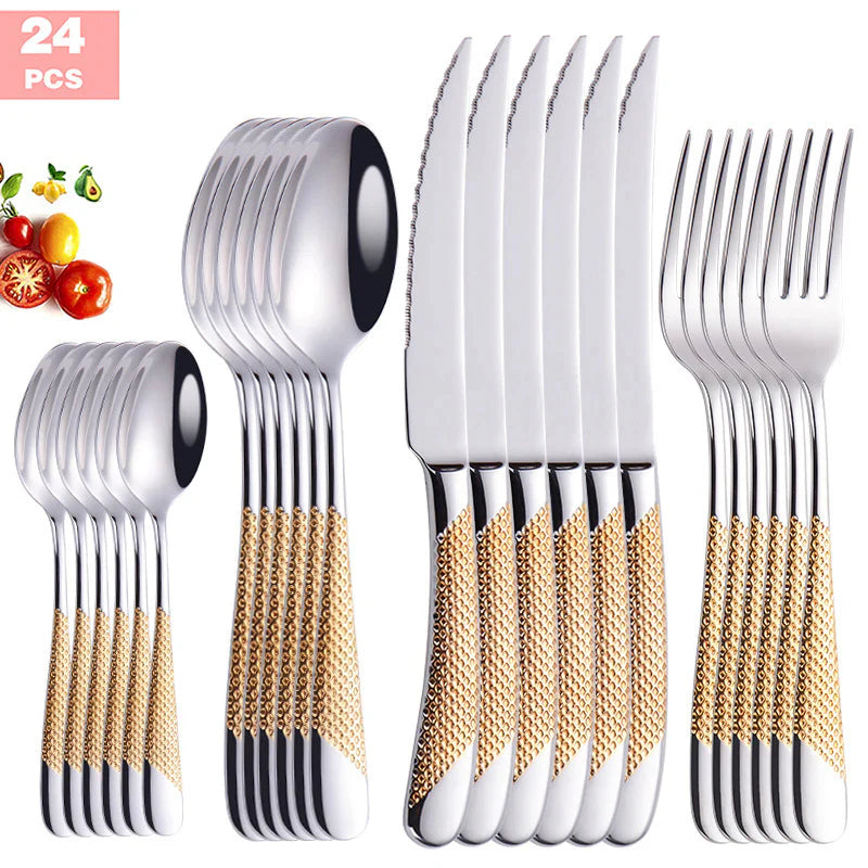 24-piece stainless steel cutlery set with gold-plated handles, ideal for elegant dining and everyday use.