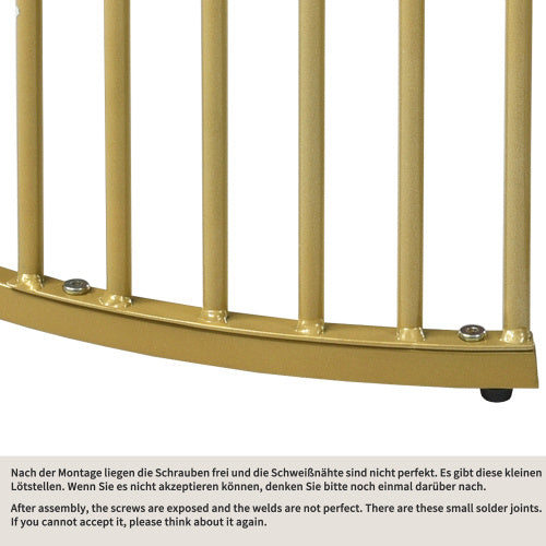 Curved gold metal railing with exposed screws, showcasing weld imperfections and adjustable foot pads.