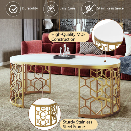Modern oval coffee table with gold stainless steel frame and white MDF top, ideal for living room decor.