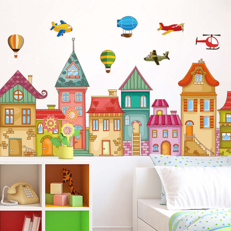 Self-adhesive PVC wallpaper painting with colorful houses and flying aircraft for living room decor