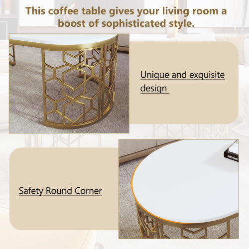 Modern oval coffee table showcasing a gold stainless steel frame, elegant white top, and safe rounded corners for living room decor.