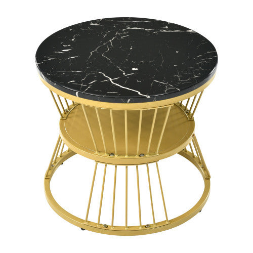 Elegant round coffee table with black marble top and gold metal frame, perfect for modern interiors.