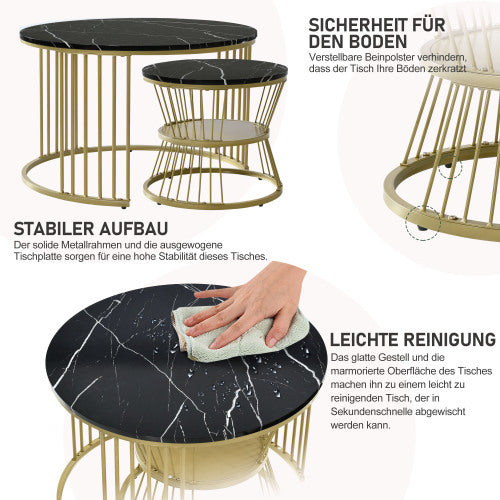 Elegant nesting coffee tables with marble veneer and gold metal frame, featuring cleaning instructions and stability details.