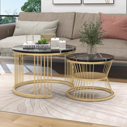 Modern fiberboard coffee table set with black marble tops and gold metal frames in a cozy living room.