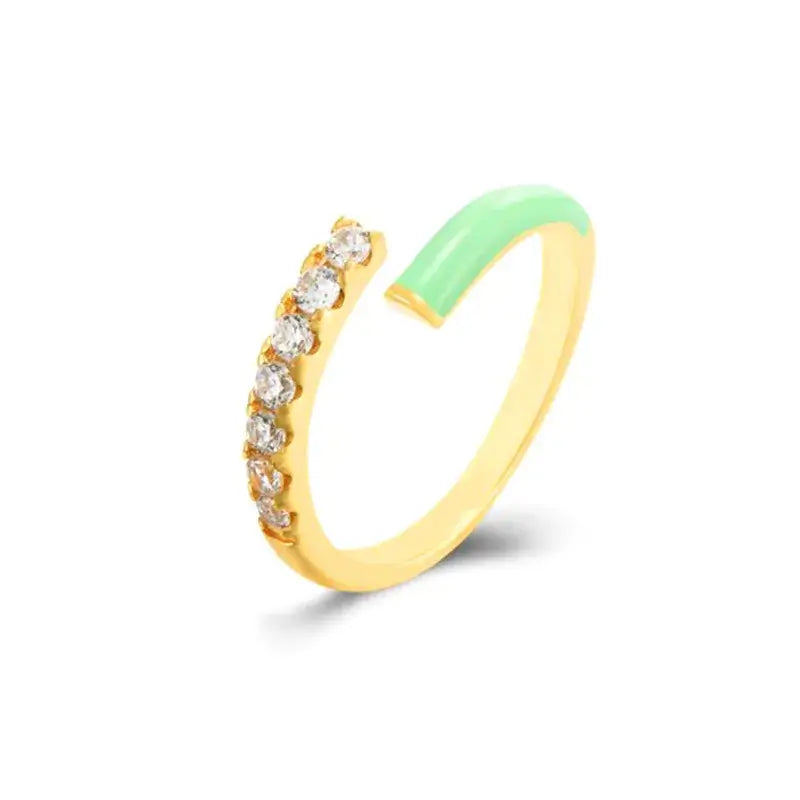 Elegant gold zircon open ring with mint green accent, vintage-inspired design for sophisticated fashion.