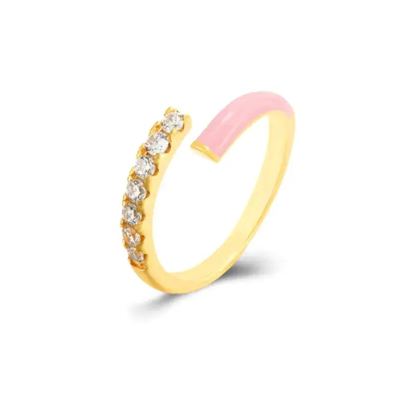 Elegant gold zircon ring with pink accents, featuring a sparkling design and open adjustable style for versatile fashion.