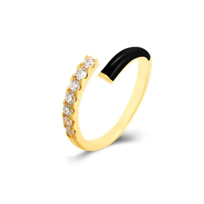 Elegant gold zircon open ring with black accent, featuring a stylish circle pattern for any occasion.