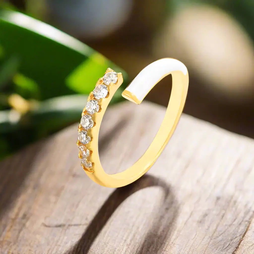 Elegant copper gold zircon ring with sparkling stones, showcasing vintage-inspired design and adjustable open style.