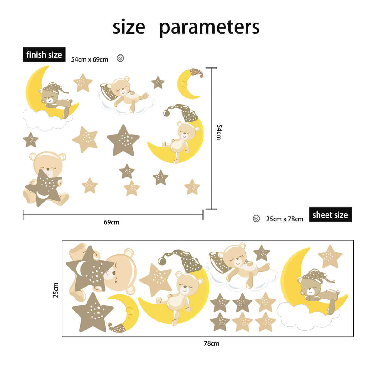 Star Moon Sleeping Bear wall sticker dimensions and sheet layout for children’s room decor.