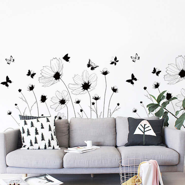 Black flower pattern wall stickers for living room decoration, 60cm x 90cm, PVC material, anti-stain, mothproof, moisture-resistant, decorative.