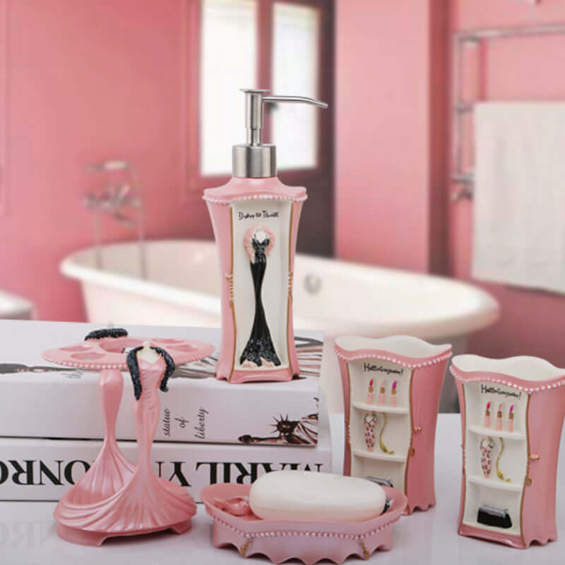 5 Piece Bathroom Accessories Set, Collection Bath Set Features Pink Soap Dispenser, Toothbrush Holder, Tumbler, & Soap Dish