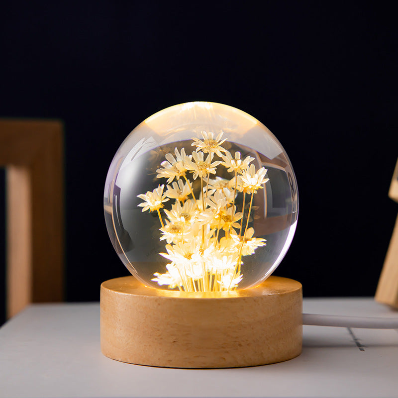 LED Night Light Flower Crystal Ball Night Lamp with Woodener Base