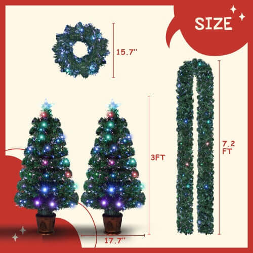 Pre-Installed Fiber Optic Christmas Artificial Tree 4-Piece Set, Christmas Garland, Garland & 2 Entrance Tree Set