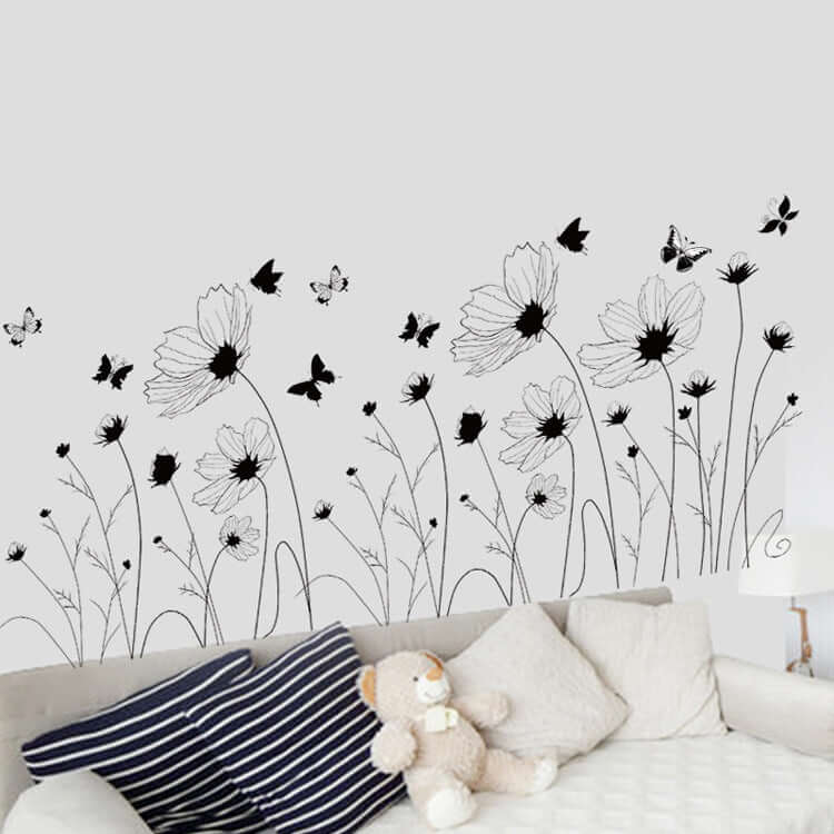 Creative black flower wall sticker decoration for bedroom with butterflies, PVC material, anti-stain, moisture-resistant, multicolor design