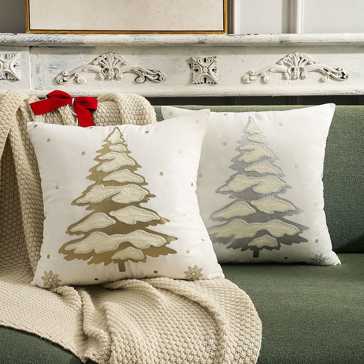 Embroidered Bronzing Christmas Tree Pillow Cover-Elegant Holiday Home Decor