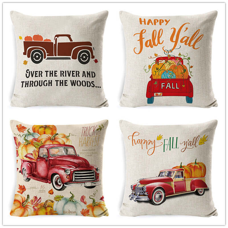 Thanksgiving pumpkin decor sofa throw pillow with vintage truck designs and fall-themed accents.