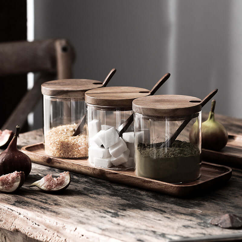 Wooden lid glass seasoning jar set