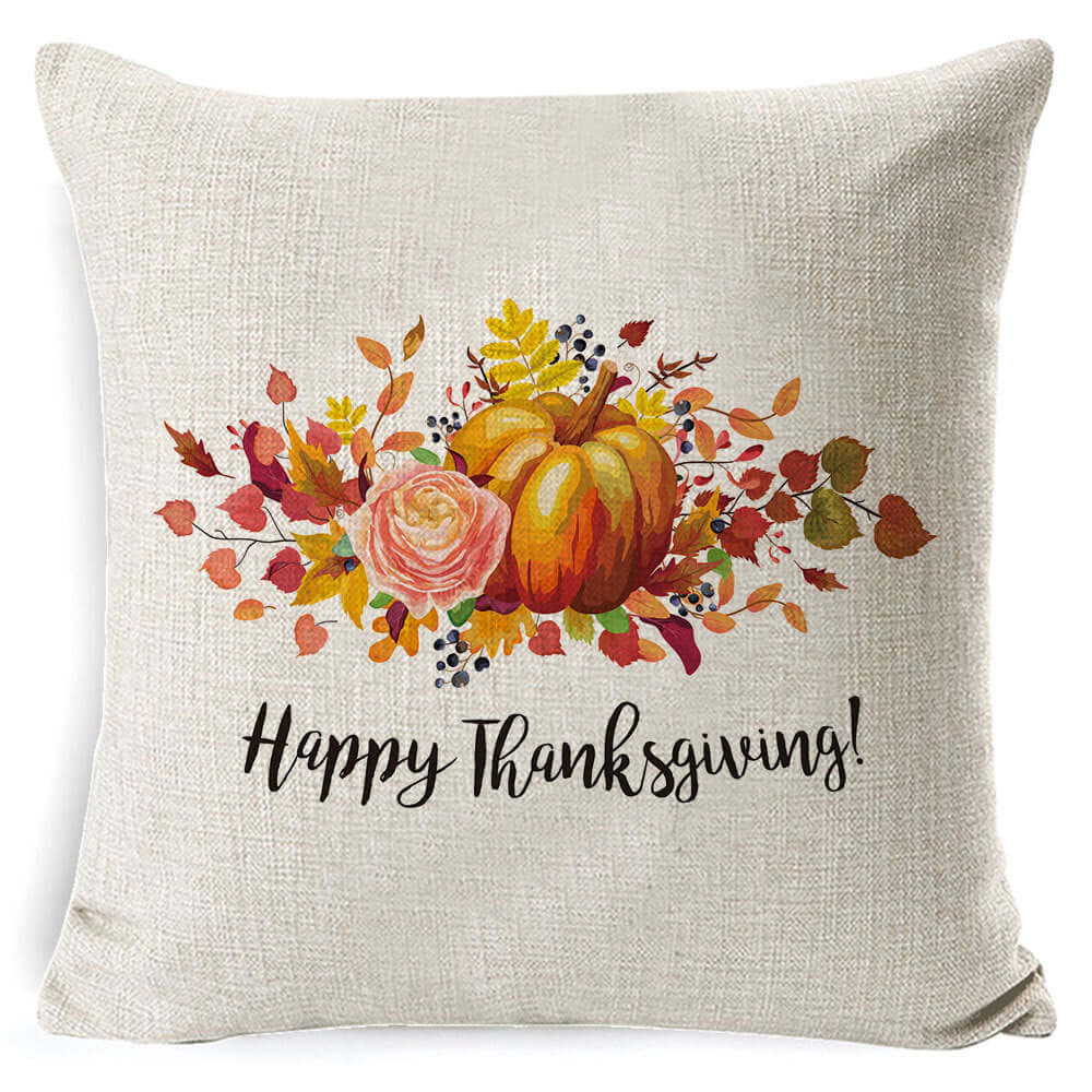 Thanksgiving pumpkin decor sofa throw pillow with 'Happy Thanksgiving' text, floral design, and linen material, 45 x 45 cm.