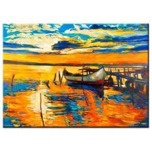 Hand Painted Dock Boat Decoration Canvas Oil Painting- Orange Blue