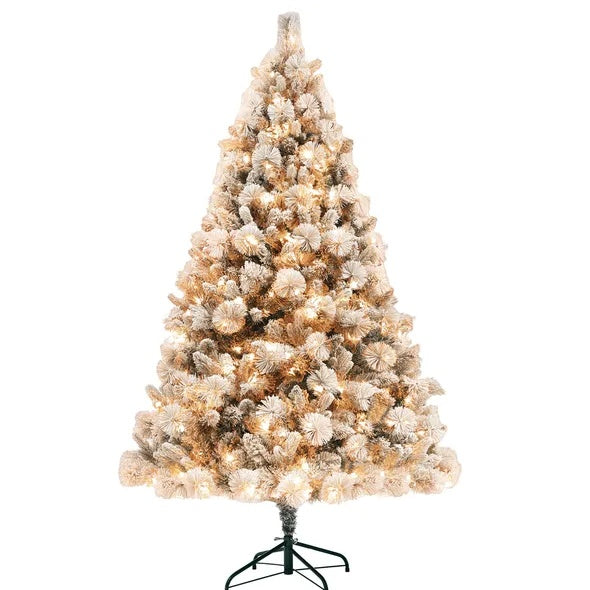 6.5 Ft Pre-Lit Artificial Christmas Tree with 350 Clear Lights And 1107 Tips, Snow Flocked Christmas Tree With Metal Stand, Hinged Xmas Tree For Home Office Holiday, Green