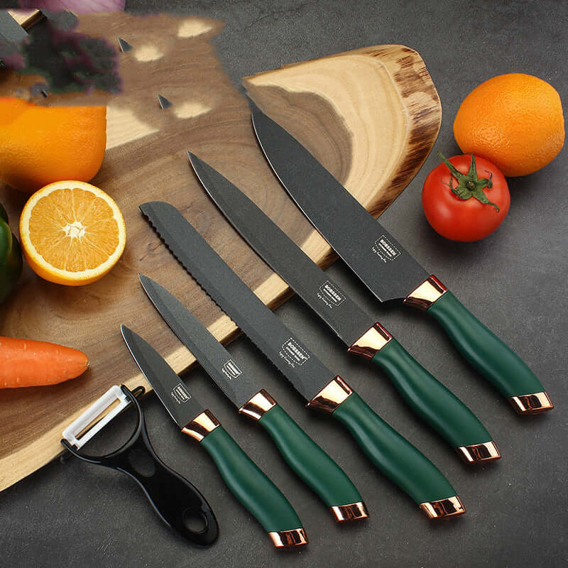 6 Pc Knife Set Kitchen Green Handle