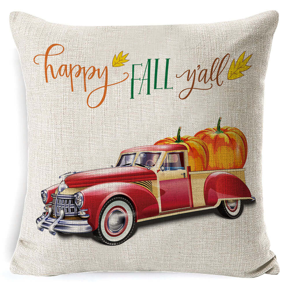 Thanksgiving pumpkin decor sofa throw pillow with vintage truck and 'Happy Fall Y'all' text