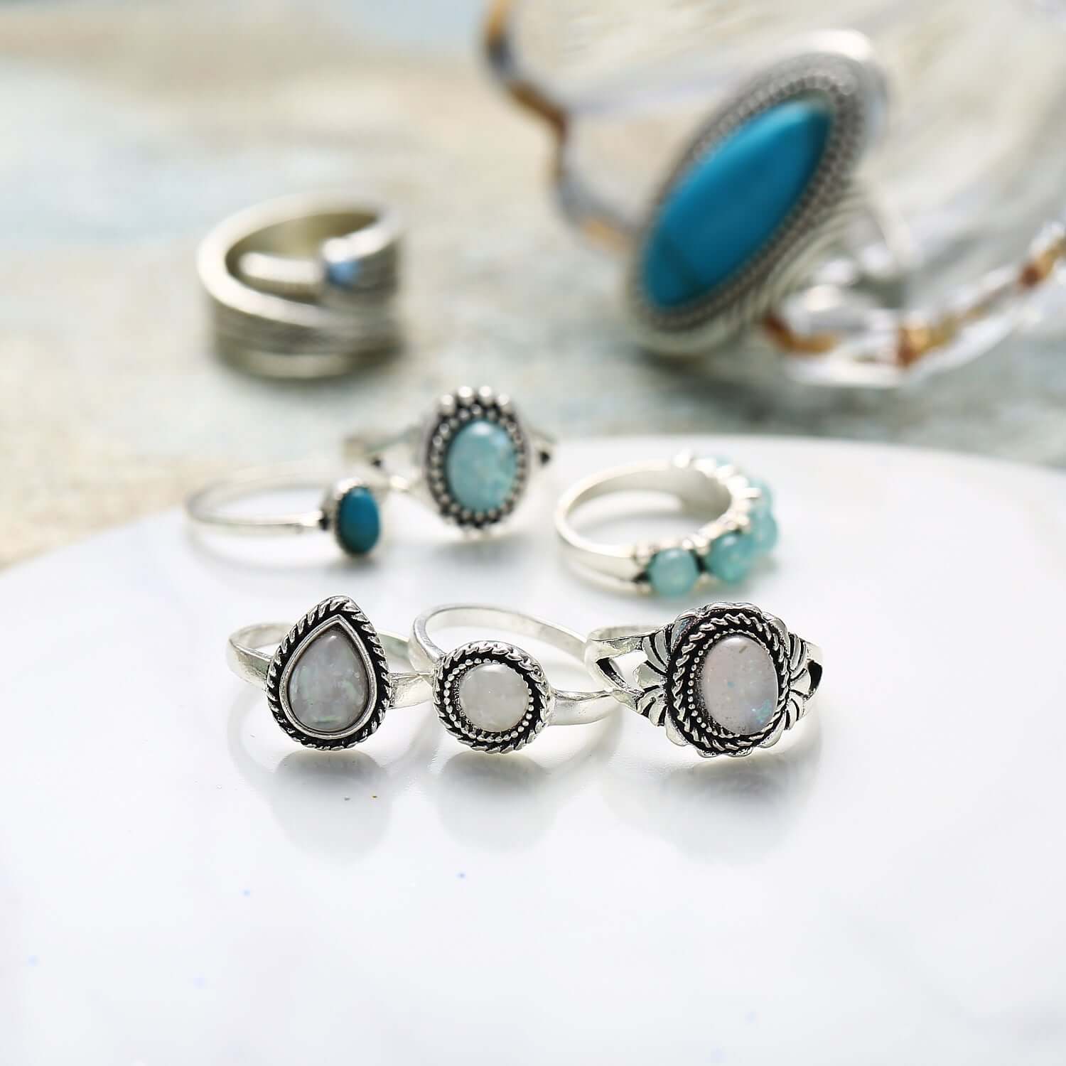 8 Piece Turquoise Opal Ring Set