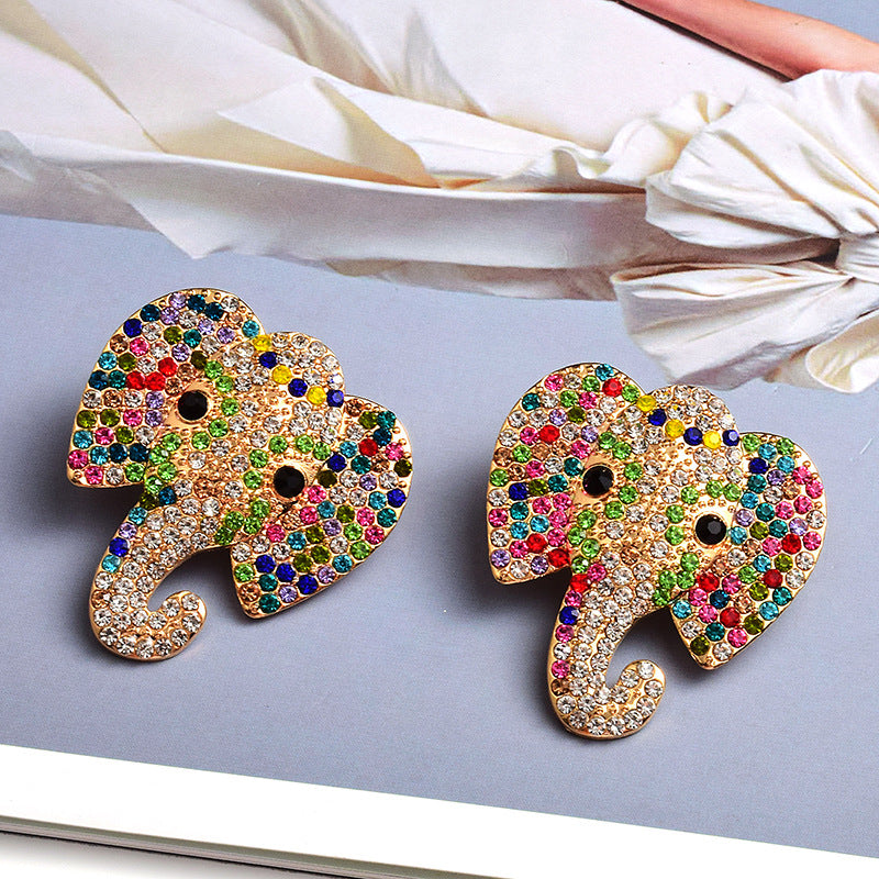 Earrings Elephant Animal Colorful Crystals Alloy