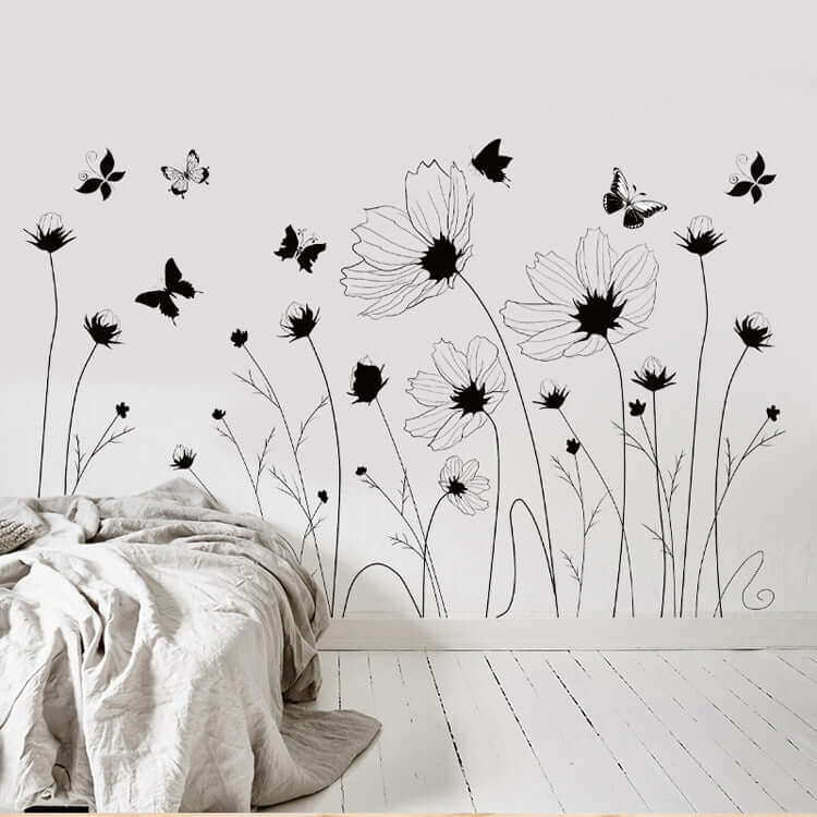 Black flower and butterfly wall stickers for bedroom decor on white background