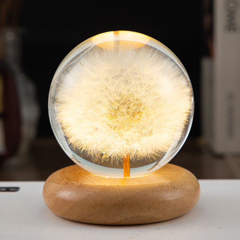 LED Night Light Flower Crystal Ball Night Lamp with Woodener Base