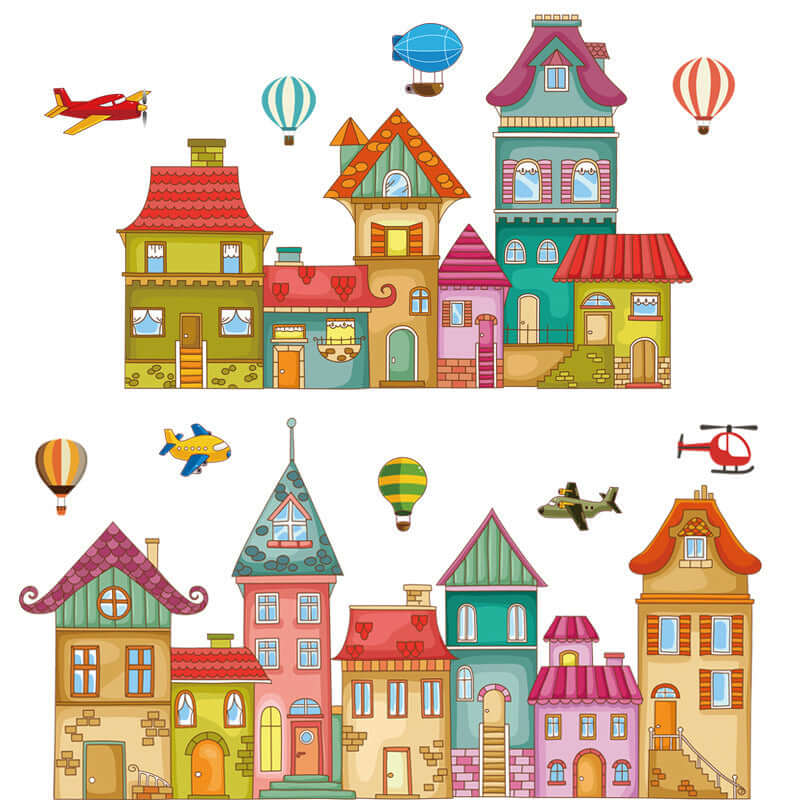 Colorful architectural self-adhesive wallpaper painting for living room decoration with whimsical houses and hot air balloons