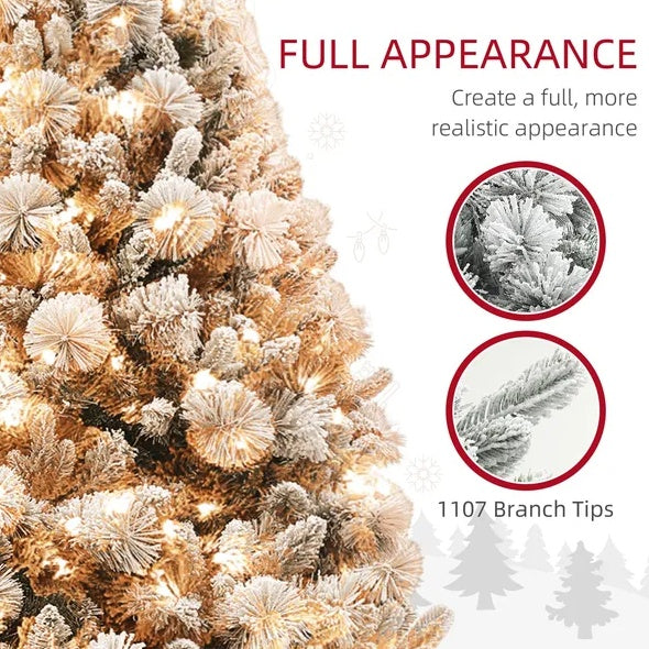 6.5 Ft Pre-Lit Artificial Christmas Tree with 350 Clear Lights And 1107 Tips, Snow Flocked Christmas Tree With Metal Stand, Hinged Xmas Tree For Home Office Holiday, Green