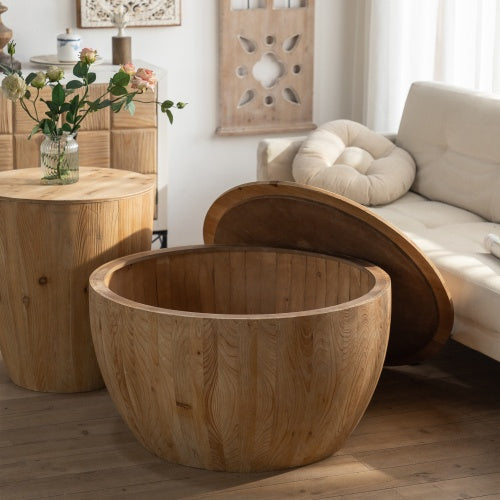 Vintage-inspired bucket-shaped coffee table set in a living room, showcasing natural wood and ample storage.
