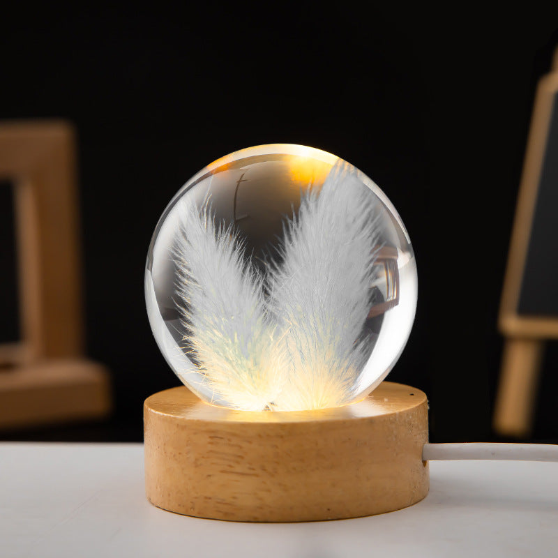 LED Night Light Flower Crystal Ball Night Lamp with Woodener Base