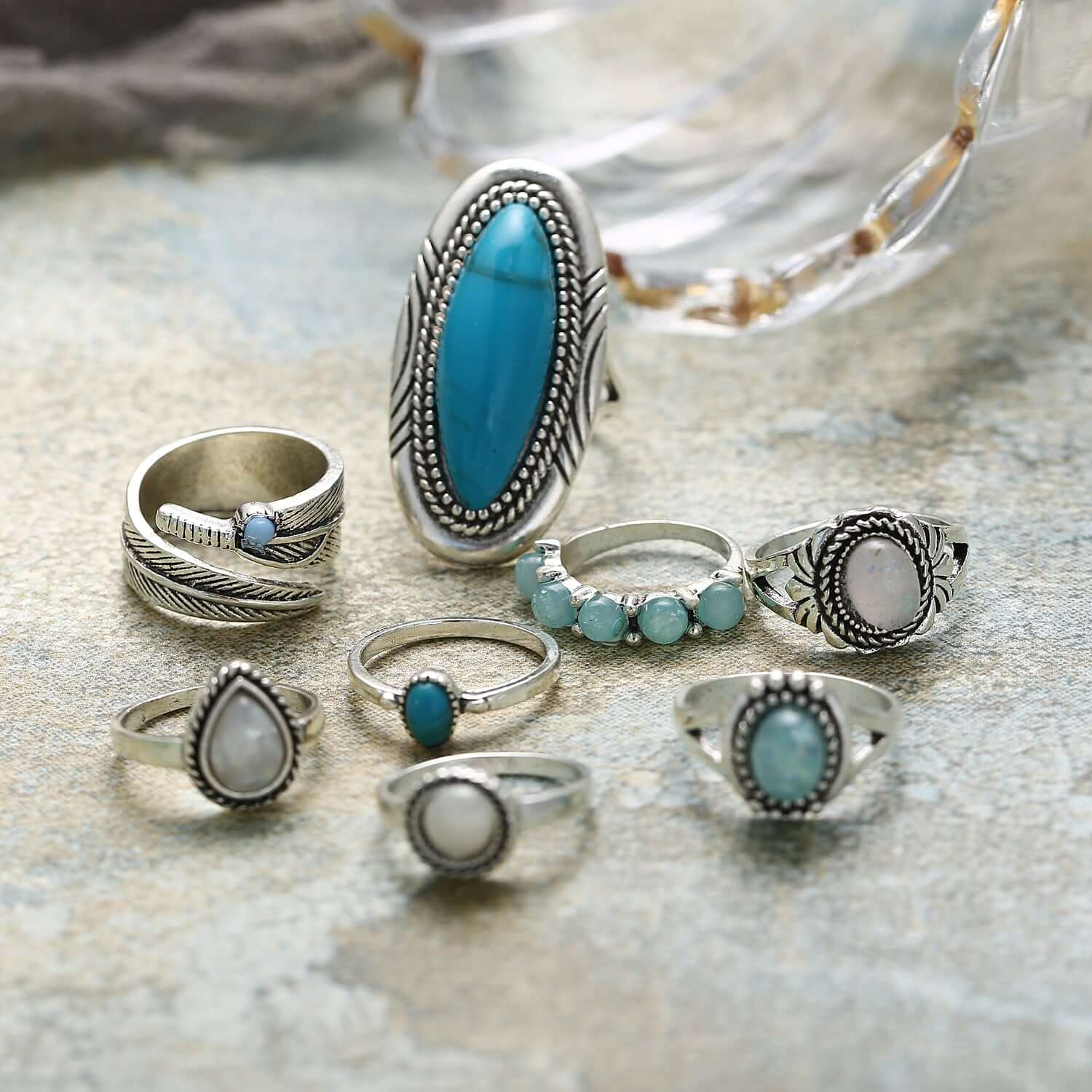 8 Piece Turquoise Opal Ring Set