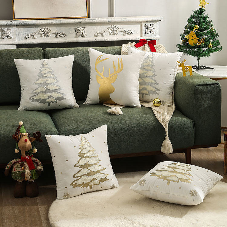 Embroidered Bronzing Christmas Tree Pillow Cover-Elegant Holiday Home Decor