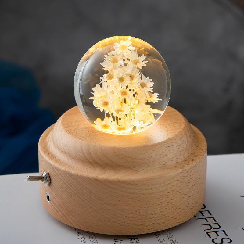 LED Night Light Flower Crystal Ball Night Lamp with Woodener Base