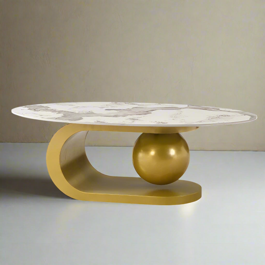 Modern Oval Coffee Table For Living Room, Marble Pattern Sintered Stone Coffee Tabletop With Gold Stainless Steel Base In 47.2