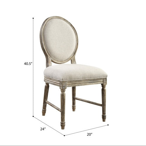 Upholstered dining chair with a round back, featuring a beige seat and wooden frame, dimensions 40.5