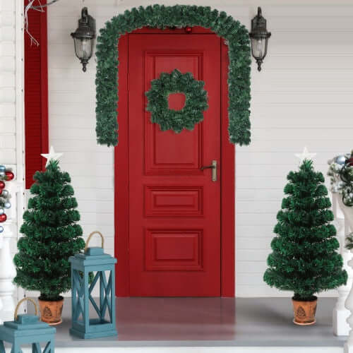 Pre-Installed Fiber Optic Christmas Artificial Tree 4-Piece Set, Christmas Garland, Garland & 2 Entrance Tree Set