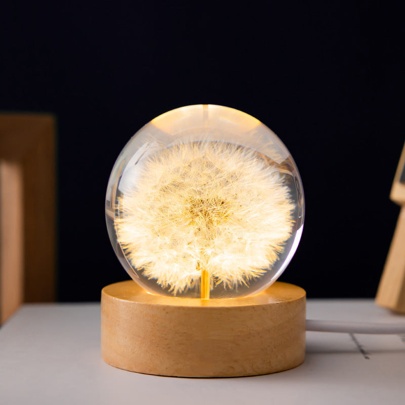 LED Night Light Flower Crystal Ball Night Lamp with Woodener Base